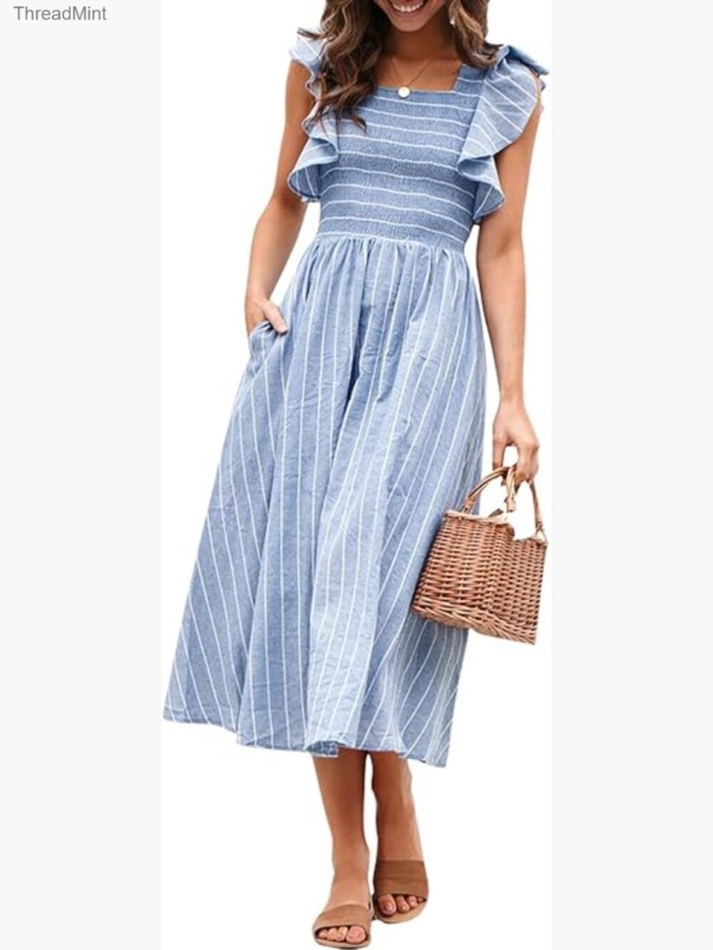 Summer Midi Dress with Pockets Smocked Waist Flutter Sleeve Boho Flowy